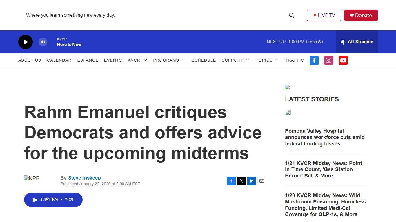 Rahm Emanuel critiques Democrats and offers advice for the upcoming midterms KVCR News